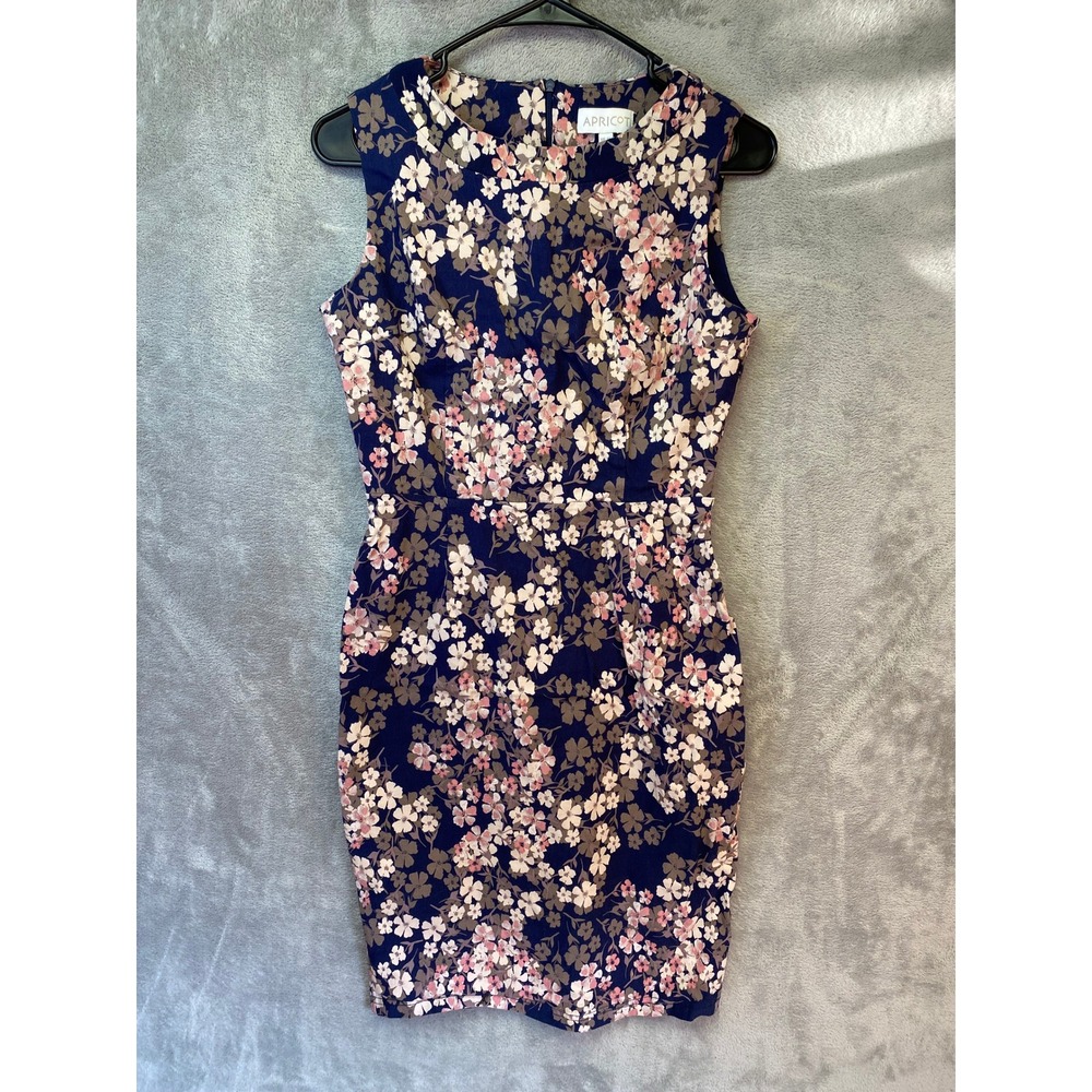 Apricot Sheath Dress Womens Size M Floral Navy Blue Sleeveless EUC‎